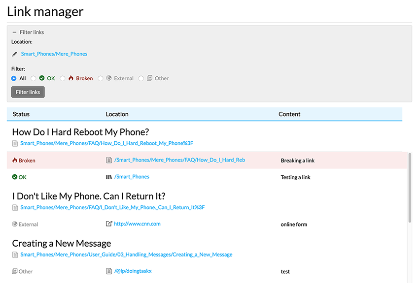 Screenshot of link manager