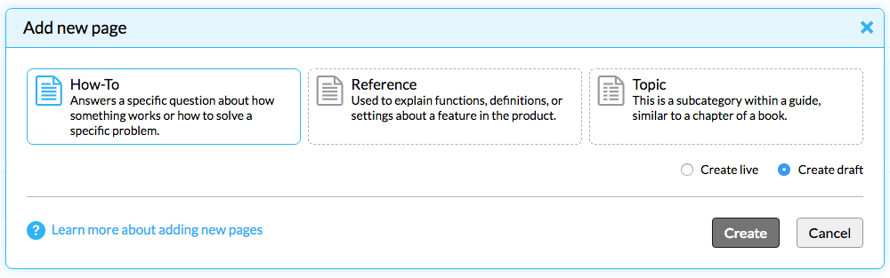 Screenshot of the Add new page dialog with how-to, reference, and topic displayed