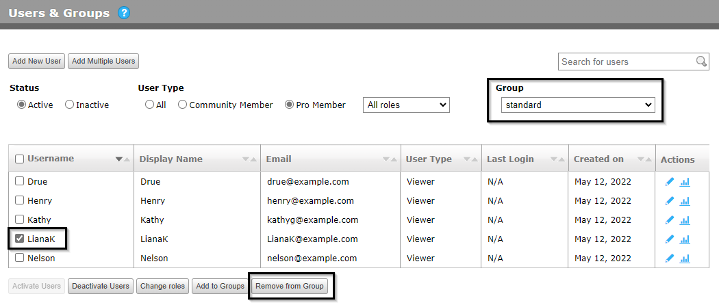 Image shows the dropdown menu for selecting the group to remove a user from, the checkbox to click to select the user, and the button to remove the selected user from the selected group.