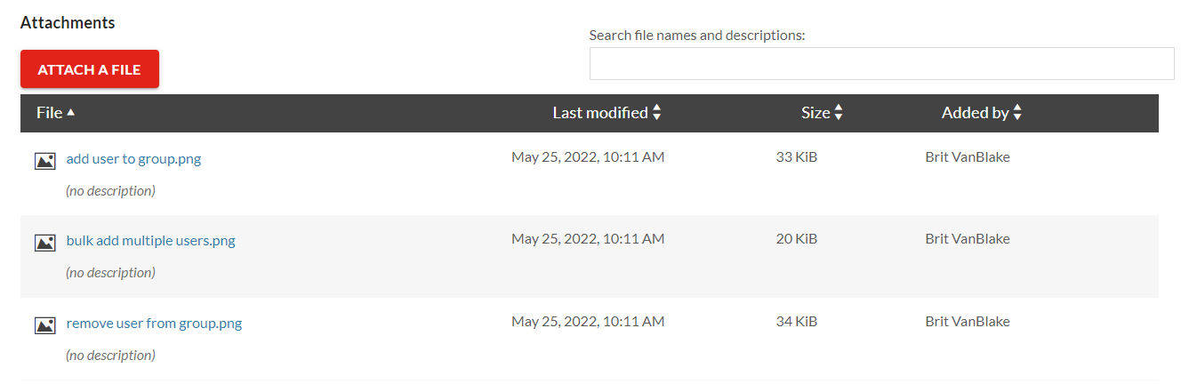 List of attachments showing the file name, last modified date, size, and who added it to the page.