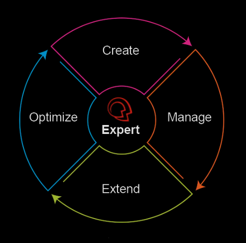 The word Expert with four quadrants around it: 1) Create, 2) Manage, 3) Extend, and 4) Optimize. Arrows flow from one quadrant to the next to illustrate the phases of knowledge management.
