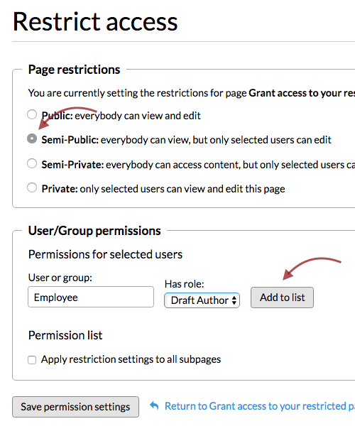 Screenshot of group access granted on semi-public page